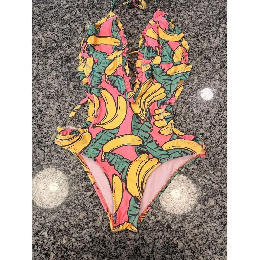 Wildfox Pink Banana Print Ruffle One-Piece Monokini Swimsuit XS/S